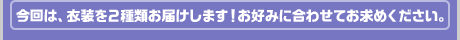 今回は、衣装を２種類お届けします！お好みに合わせてお求めください。